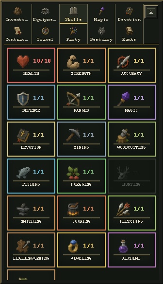The Skills tab showing the eighteen trainable Wayfarers Wilderness skills